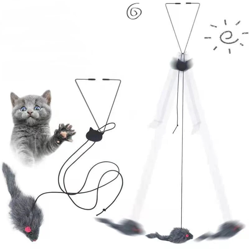 Hanging door mouse teasing cat stick with elastic door clip