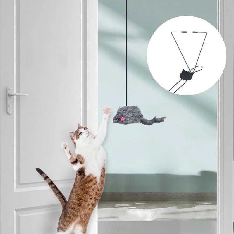 Hanging door mouse teasing cat stick with elastic door clip